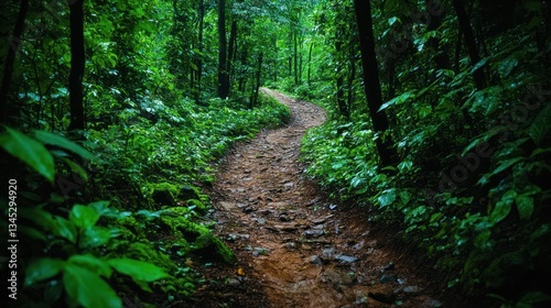 Lush, winding path through a dense, green forest.  A wet, rocky trail meanders into the heart of a vibrant jungle