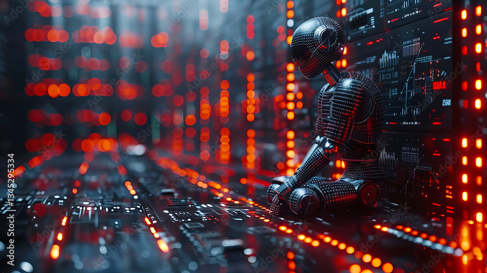 Obraz premium Futuristic Robot Meditating in Digital Space Advanced Technology Red Lights Network Data Center Artificial Intelligence Cybernetic