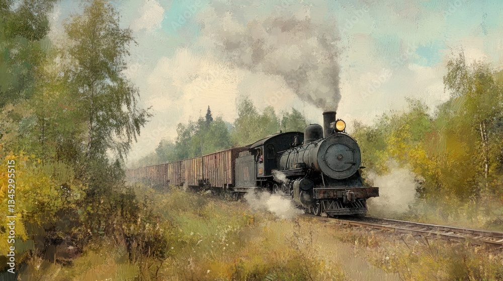 Obraz premium A vintage steam locomotive pulls freight cars through a landscape