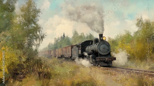 A vintage steam locomotive pulls freight cars through a landscape