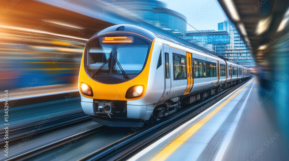 Naklejka premium A train is moving down the tracks with a yellow stripe on the front. The train is surrounded by a cityscape with buildings in the background