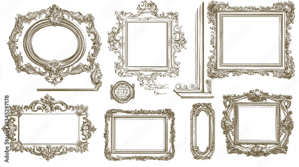 Elegant Collection of Ornate Decorative Frames in Artistic Vintage Style with Intricate Detailing on a White Background Elegant Collection of Ornate Decorative Frames in Artistic Vintage Style with Intricate Detailing on a White Background