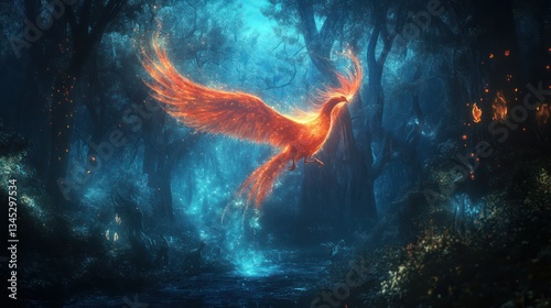 Phoenix in Enchanting Blue Forest