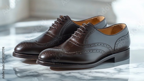 A pair of elegant dark brown oxford shoes with fine brogue detailing, placed on a marble surface with soft, diffused lighting casting shadows