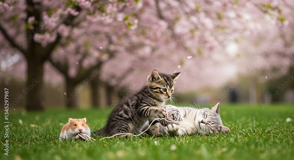 Kittens and Hamster Playing with Yarn in Spring Cherry Blossom Park Kittens and Hamster Playing with Yarn in Spring Cherry Blossom Park