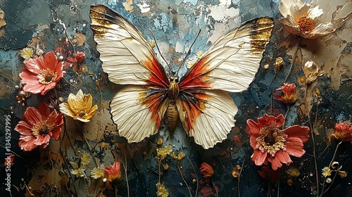 Butterfly art, flowers, textured surface