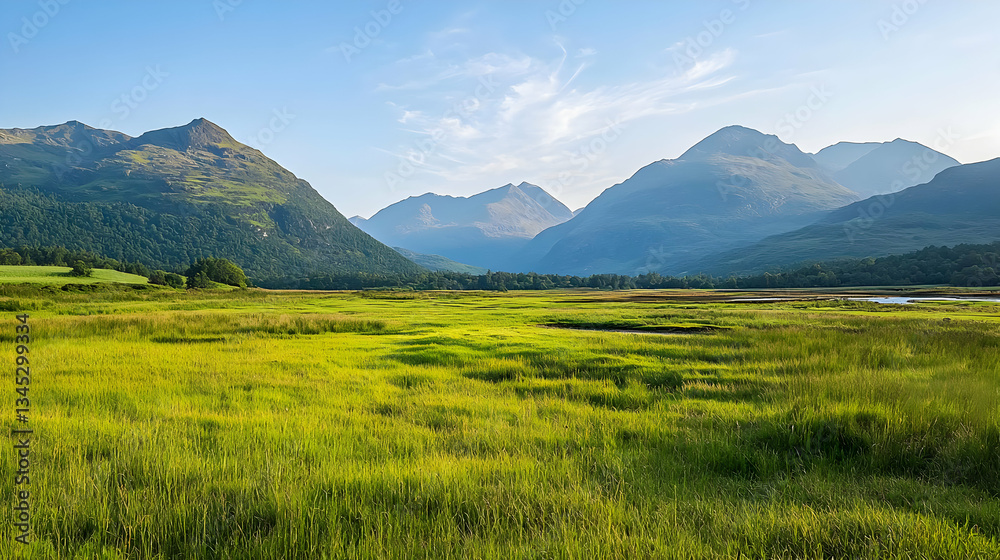 Lush Green Field And Majestic Mountains Under Clear Blue Sky Landscape View During Sunny Day Lush Green Field And Majestic Mountains Under Clear Blue Sky Landscape View During Sunny Day