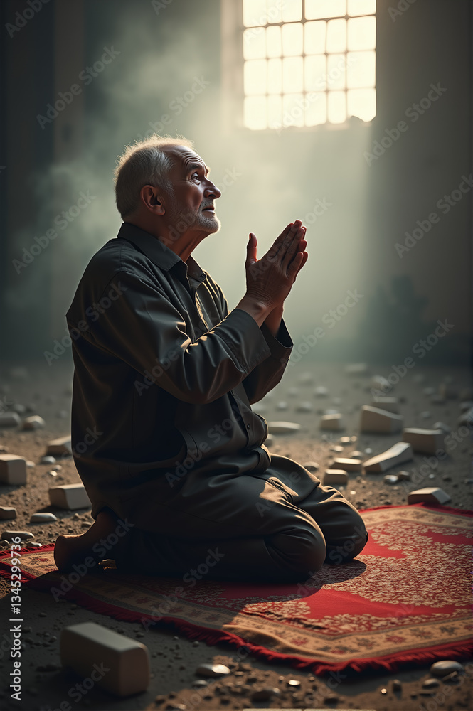 Fototapeta premium Prayer Amidst Ruins: Elderly Man Seeking Peace in a Destroyed Mosque
