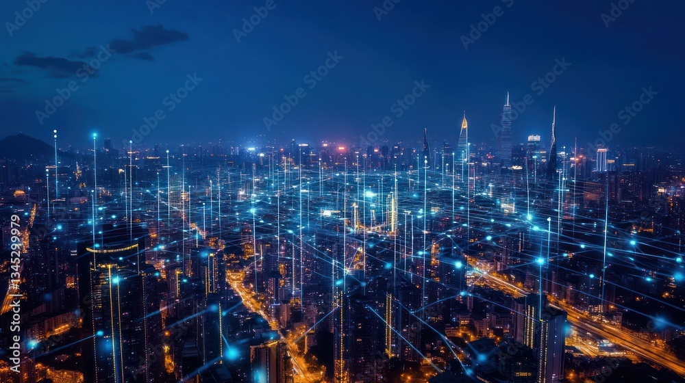 Fototapeta premium Night City Skyline Digital Connections