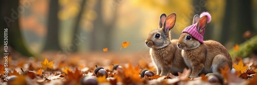 Two adorable rabbits wearing hats sitting among colorful autumn leaves.