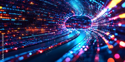 Abstract Colorful Light Trails in a Futuristic Digital Tunnel