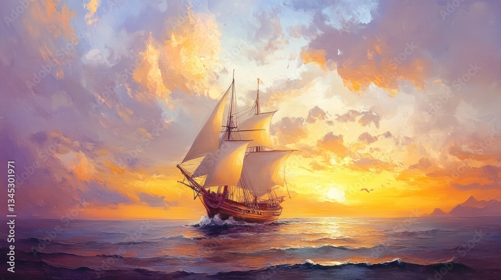 Obraz premium A Tall Ship Sailing Across Ocean Waters Beneath The Setting Sun