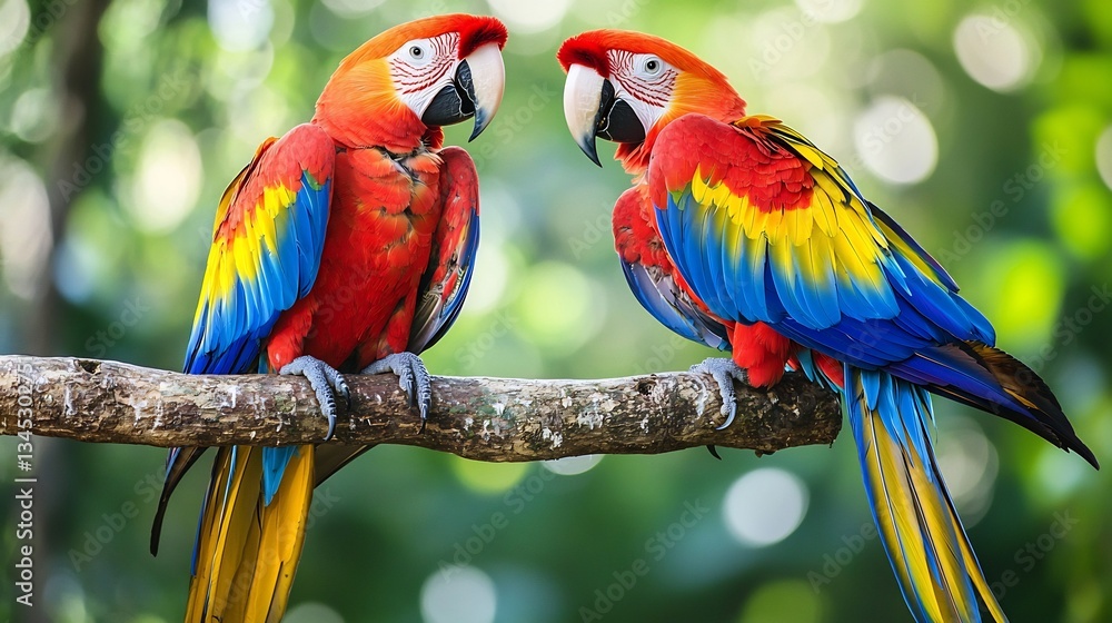 Obraz premium Pair of vibrant macaws perched on a jungle branch rich red blue and yellow feathers soft natural lighting
