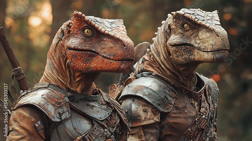 Fototapeta Naklejka Na Ścianę i Meble -  Parallel universe where dinosaurs have evolved into intelligent beings wearing armor and wielding tools