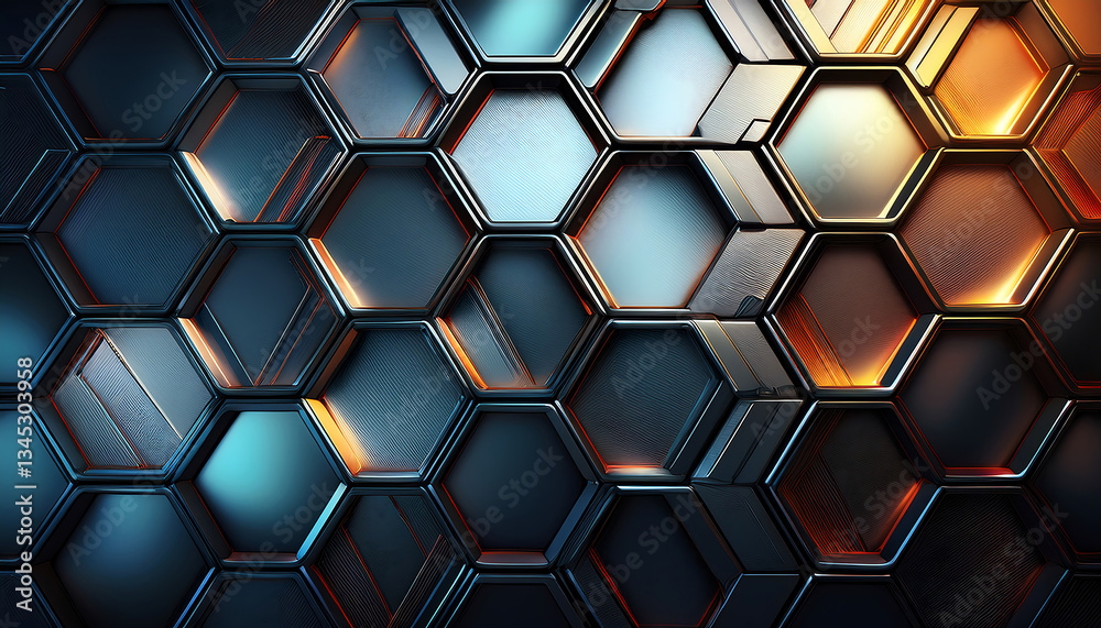 Hexagonal abstract metal background with light
