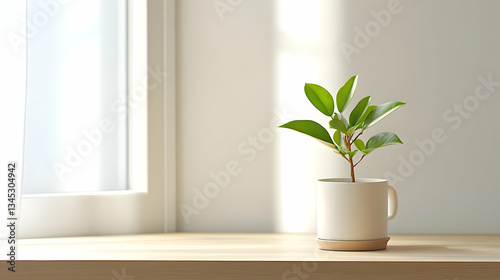Green Plant In A White Mug On A Wooden Table Near A Window With Daylight And White Wall Background