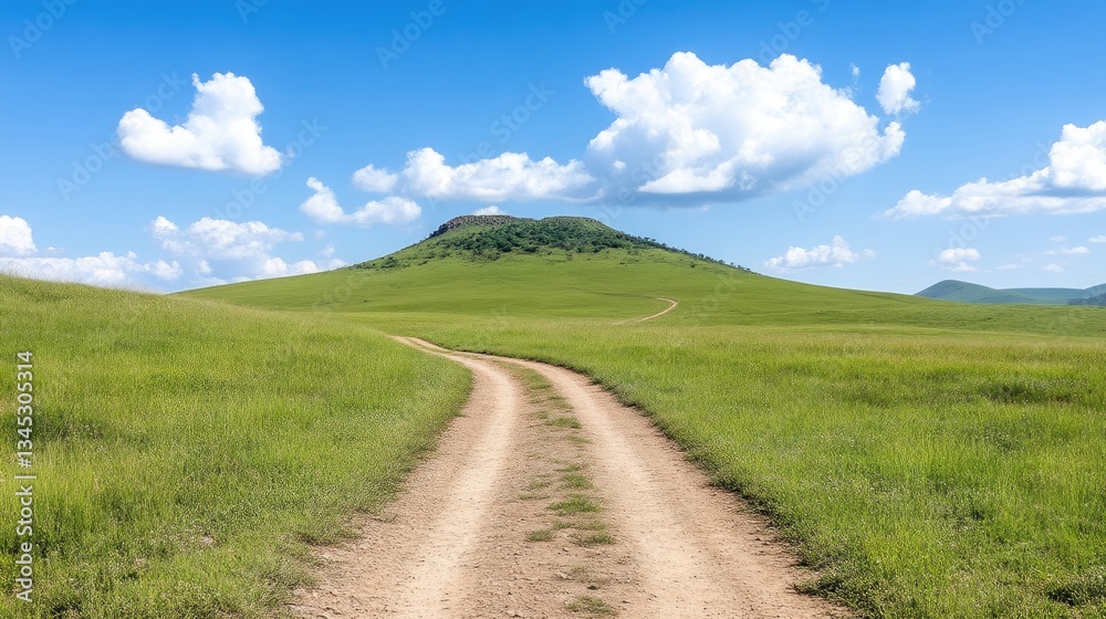 Scenic dirt road winds through lush grassland towards a distant hill under a vibrant blue sky Scenic dirt road winds through lush grassland towards a distant hill under a vibrant blue sky