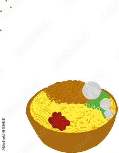 Chicken noodles with minced meat and meatballs in a bowl.