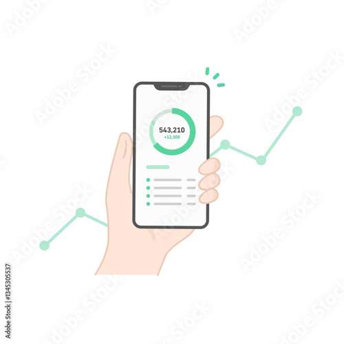 資産運用・投資・家計を管理するスマホアプリと上昇グラフのベクターアイコン・イラスト (フラットデザイン)