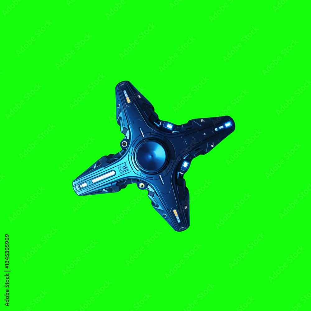 Futuristic Blue Tri-Blade Fidget Spinner Rotating on Green Screen Background