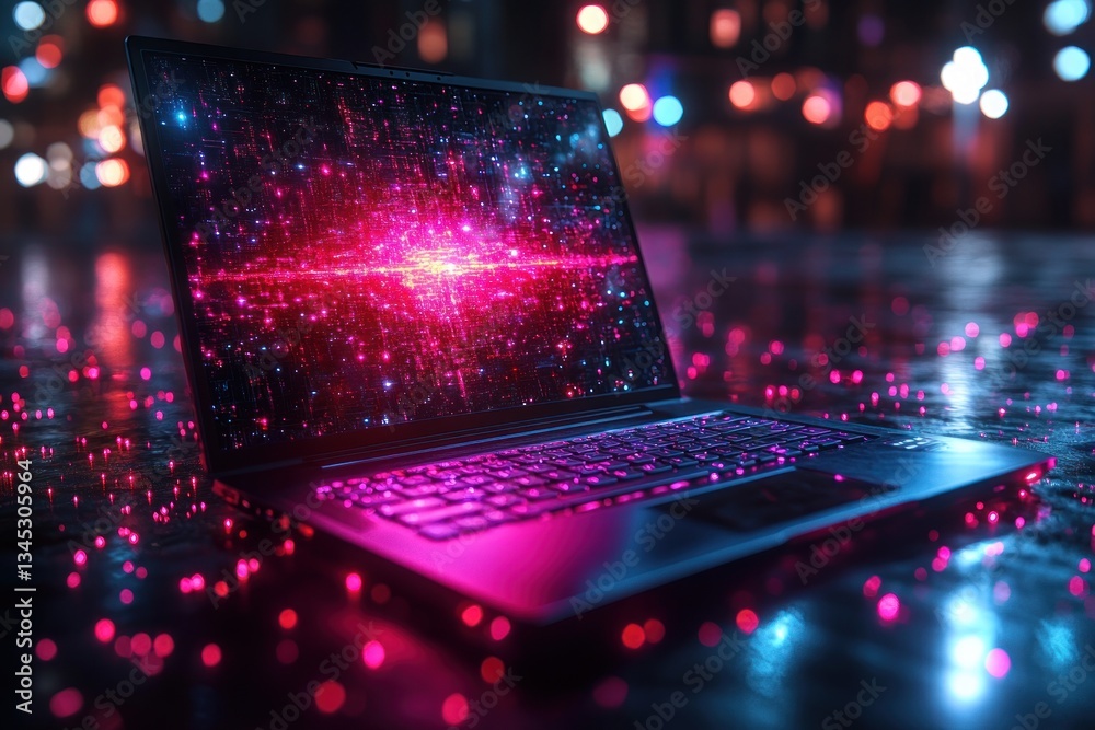 Obraz premium Futuristic laptop at night, glowing screen, city lights in background, design concept