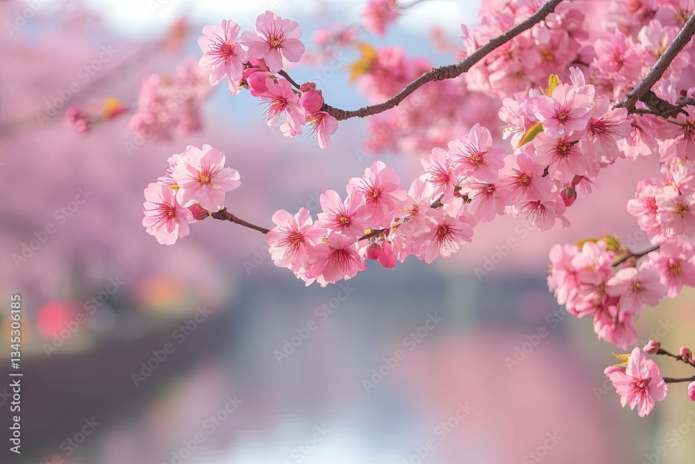 Beautiful pink cherry blossoms are blooming on tree branches softly Beautiful pink cherry blossoms are blooming on tree branches softly