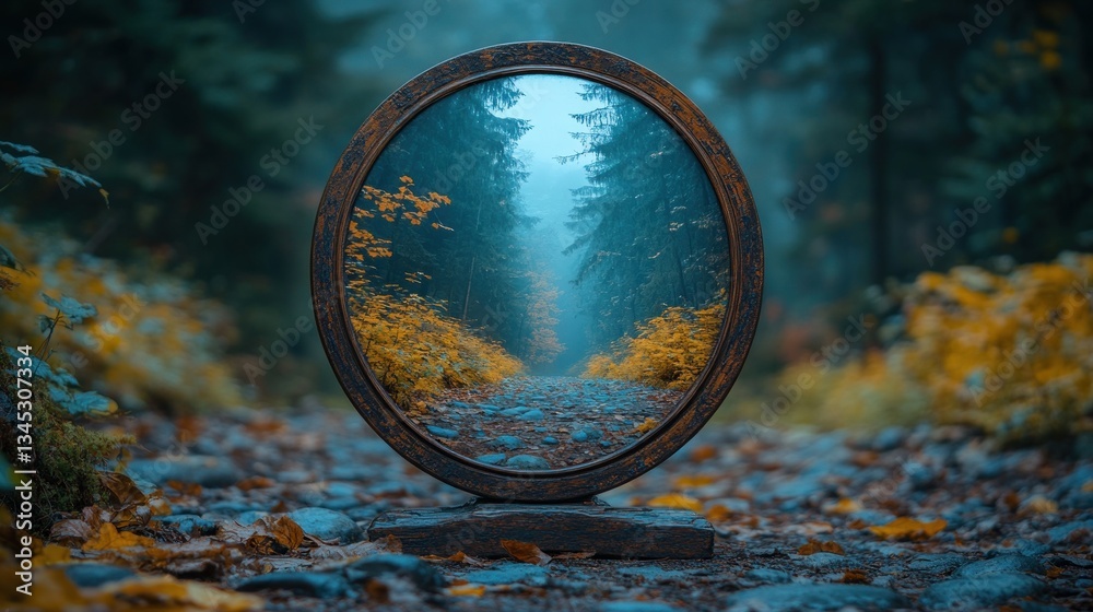 Obraz premium Autumn forest path mirrored in round rusty metal, mystical forest scene