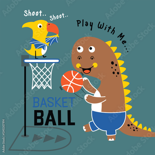 Cute cartoon dinosaur playing basketball with a bird cheering from the hoop. Fun sports activity concept
