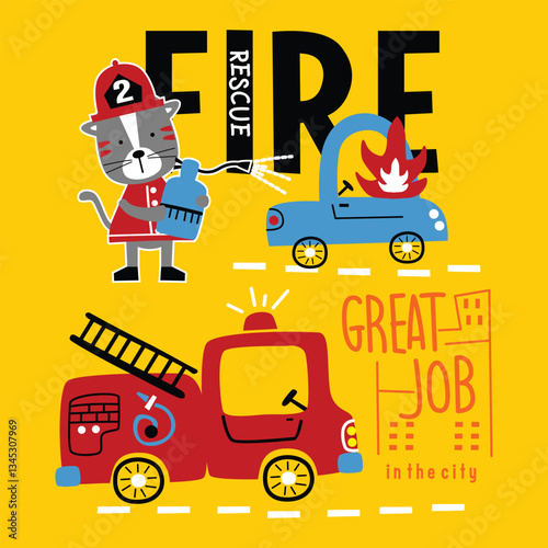 Cute cartoon cat firefighter rescuing a car from fire with a fire truck in the city. Fire rescue concept
