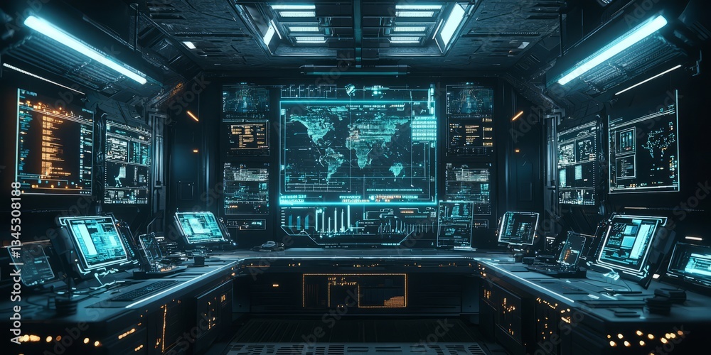 Futuristic Technology Control Room with High-Tech Displays and Interface Futuristic Technology Control Room with High-Tech Displays and Interface