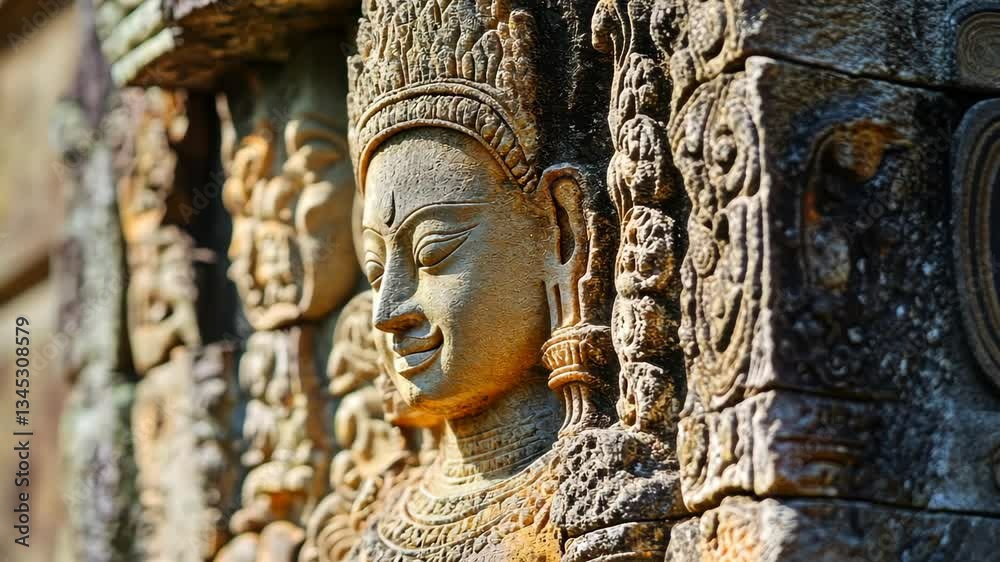 Close-up of delicate carvings on historic monument, vibrant textures and ancient craftsmanship in bright natural lighting Close-up of delicate carvings on historic monument, vibrant textures and ancient craftsmanship in bright natural lighting