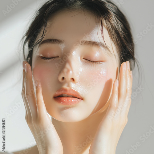両頬に触れてしっとりした肌の感触を確かめる女性