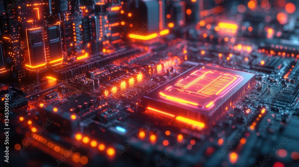 Obraz premium Glowing CPU on motherboard with circuits, data processing