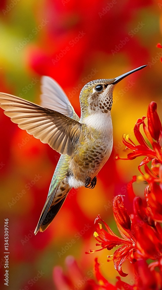 Fototapeta premium Hummingbird in flight, hovering near vibrant red flowers