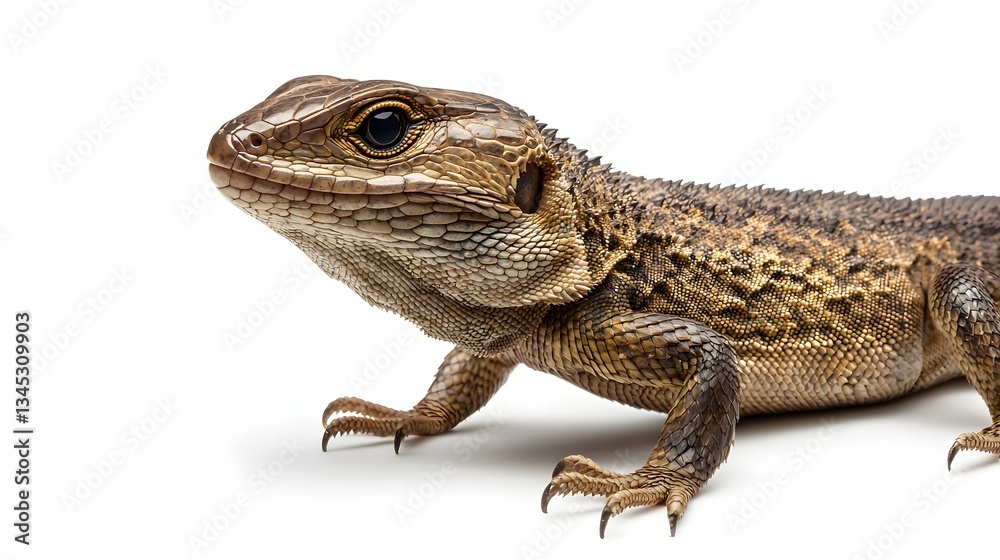Fototapeta premium Close up of a Brown Lizard Reptile Detail Shot on White Background Scaly Skin Texture