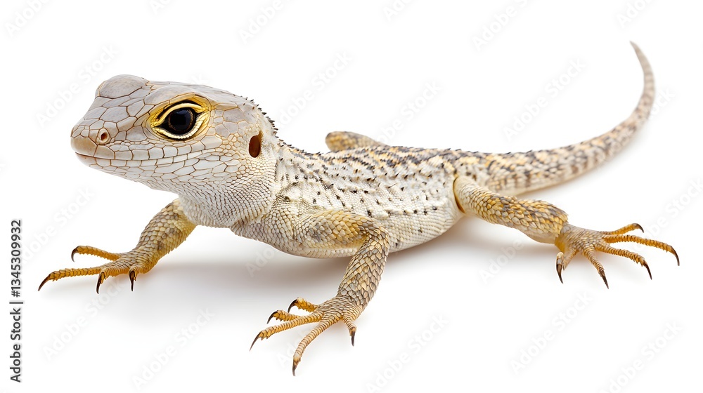 Naklejka premium Close up of a small light colored lizard with speckled skin and sharp claws isolated on white
