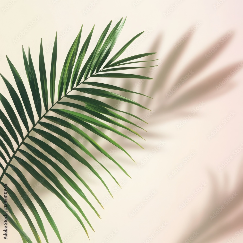 Fototapeta premium A Single Palm Frond Casts a Shadow Against a Beige Wall in Soft Lighting Minimalist Botanical Photography