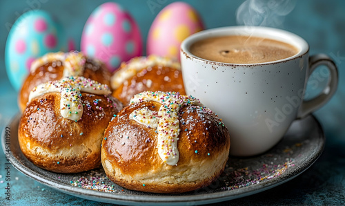 Festive Easter breakfast featuring sweet buns with colorful sprinkles and a steaming cup of coffee