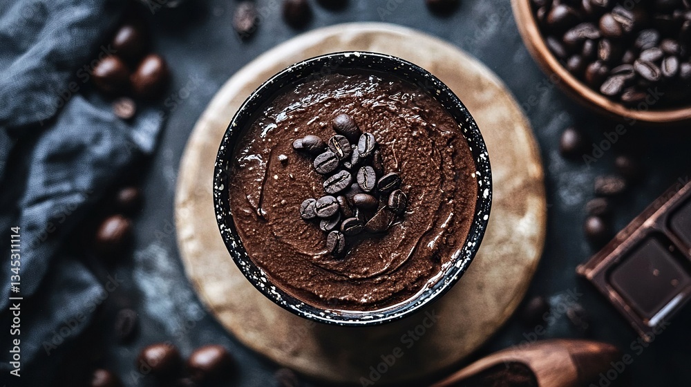 Delicious chocolate beverage topped with shaved chocolate on a rustic table Delicious chocolate beverage topped with shaved chocolate on a rustic table
