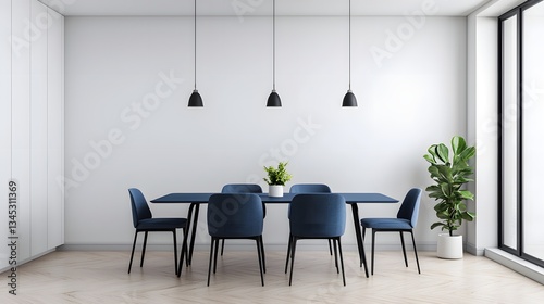 Modern Minimalist Dining Room Interior Design Blue Chairs Black Lights White Walls