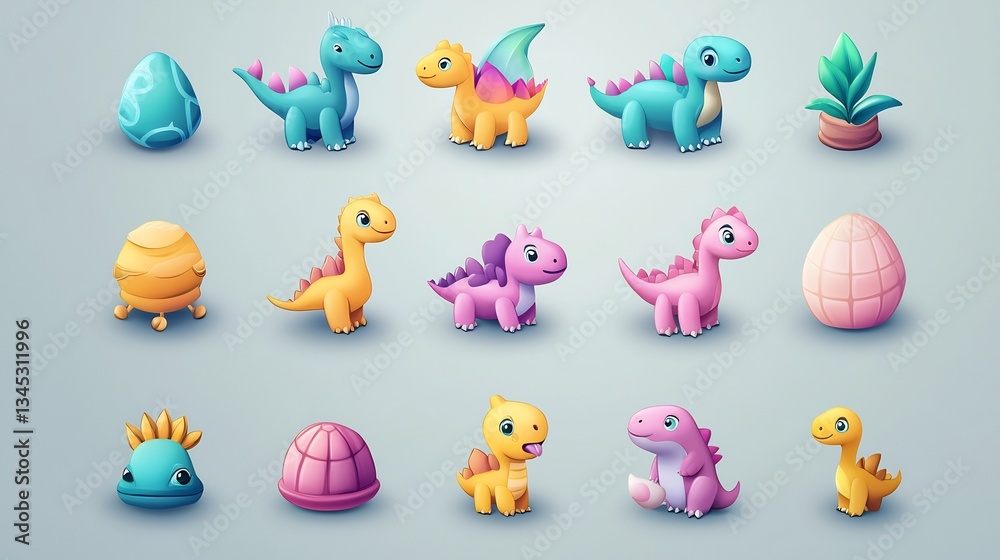 Playful dino icon pack in soft pastel colors for kids products Playful dino icon pack in soft pastel colors for kids products