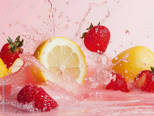 Powerful liquid explosion, with lemon and strawberry accents, against a pink background.