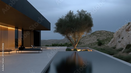 Modern home exterior with pool and patio.  Twilight scene in a mountainous landscape