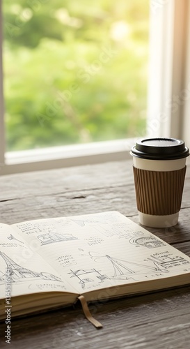 Travel planning concept: Open notebook with map sketches and takeaway coffee cup by window. Wanderlust inspiration, journey preparation, and itinerary design for summer vacation