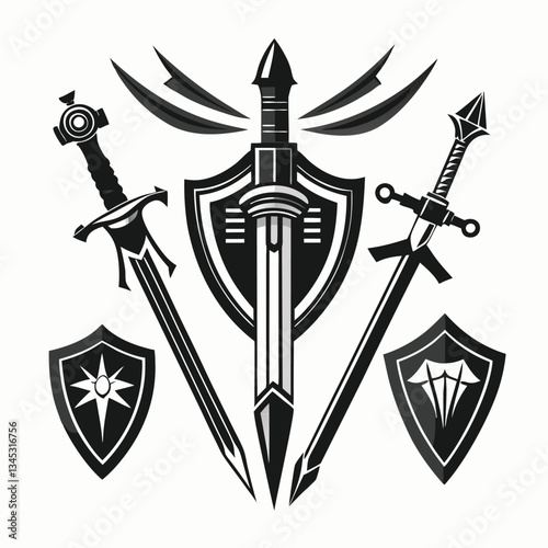 Vintage Monochrome Weapons: Sword, Spear, and Dagger