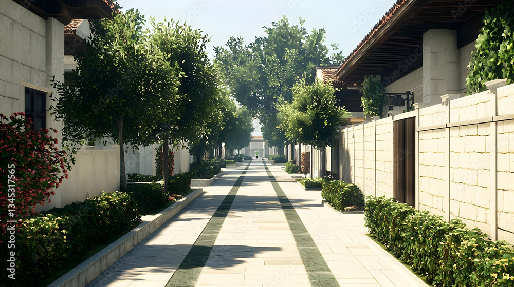 Obraz premium View of Paved Street Lined With Lush Green Trees and White Buildings Under Sunny Sky