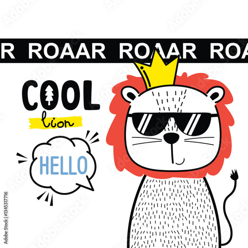 Cool cartoon lion wearing sunglasses and a crown with stylish doodle elements. Fun animal character concept

