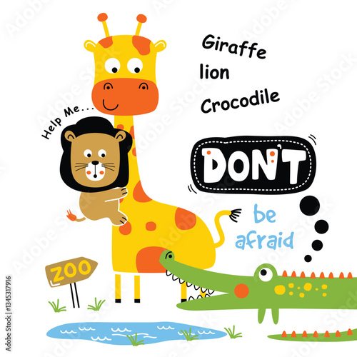Cute cartoon giraffe helping a scared lion while facing a crocodile near a zoo. Animal friendship concept
