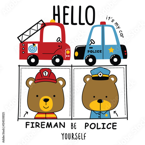 Cute cartoon bears dressed as firefighter and police officer with emergency vehicles. Kids profession concept
