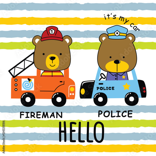 Cute cartoon bears dressed as firefighter and police officer driving emergency vehicles. Kids profession concept
